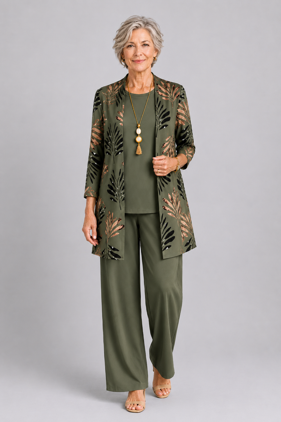 Olive 3-piece set with leaf print jacket, matching top, and straight-leg pants