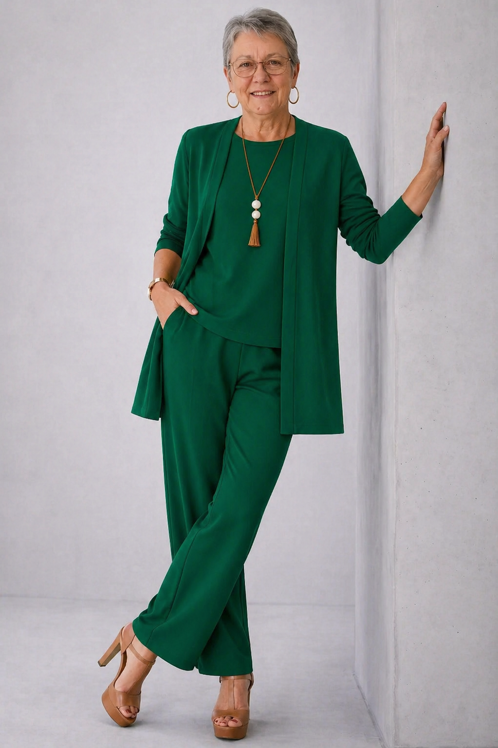 Green elegant 3-piece set with long cardigan, layered top, and tapered trousers.