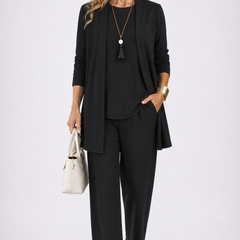 Black elegant 3-piece set with open cardigan, shell top, and straight-leg trousers.