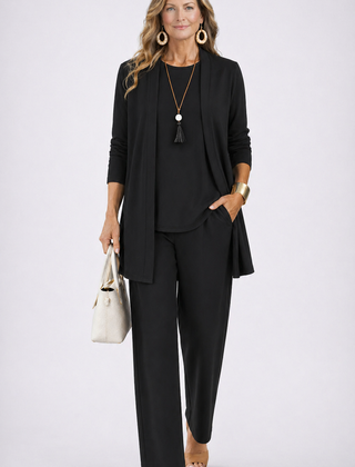 Black elegant 3-piece set with open cardigan, shell top, and straight-leg trousers.