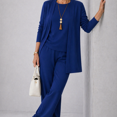 Blue elegant 3-piece set featuring open cardigan, top, and straight-leg trousers.