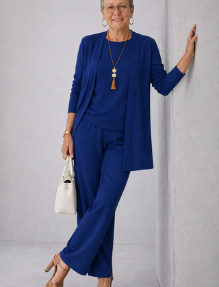 Blue elegant 3-piece set featuring open cardigan, top, and straight-leg trousers.