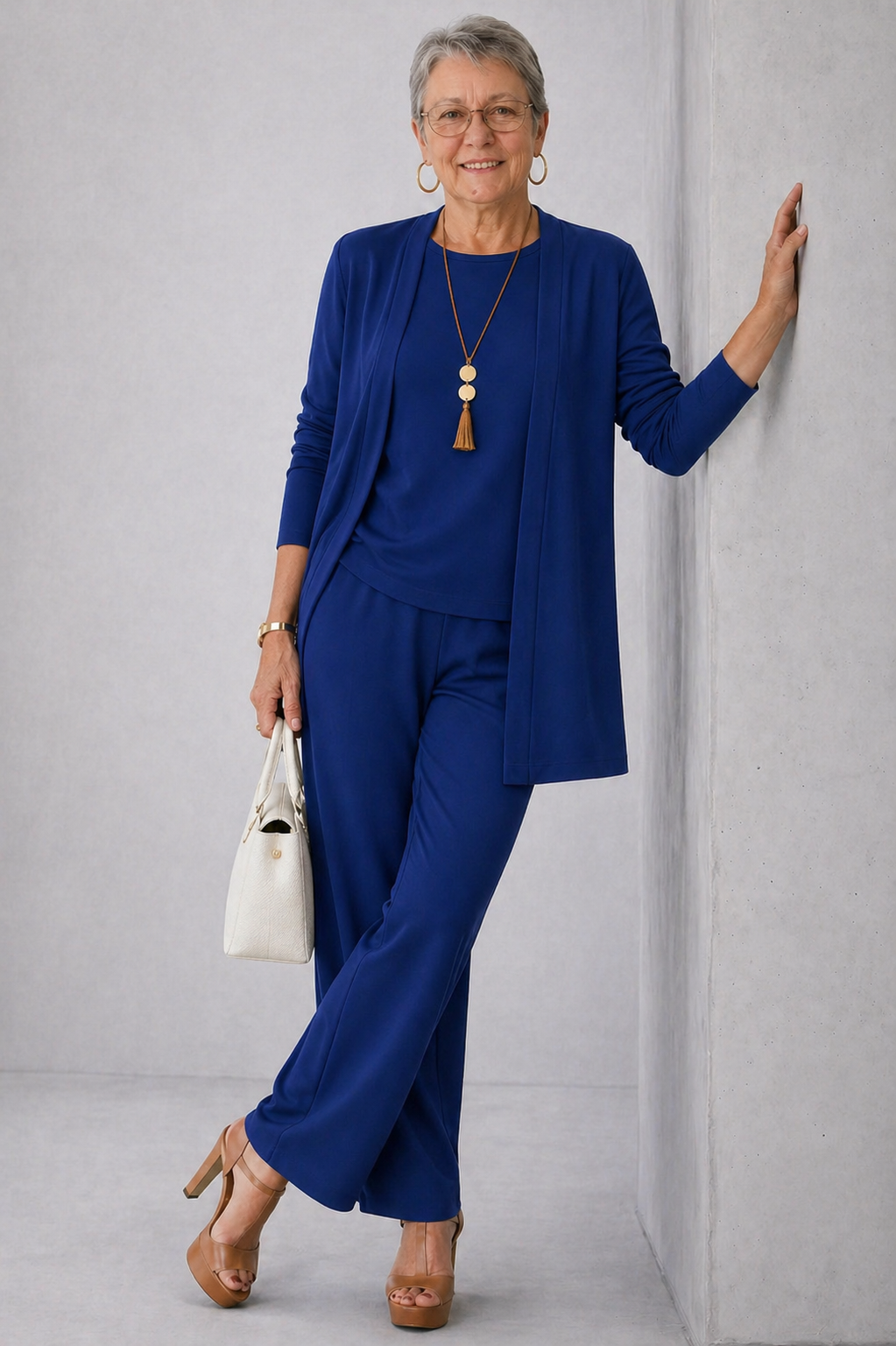 Blue elegant 3-piece set featuring open cardigan, top, and straight-leg trousers.