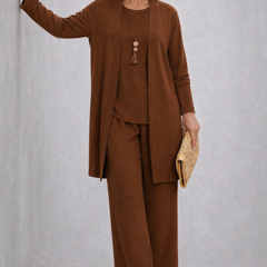 Brown elegant 3-piece set with long cardigan, shell top, and tapered trousers.