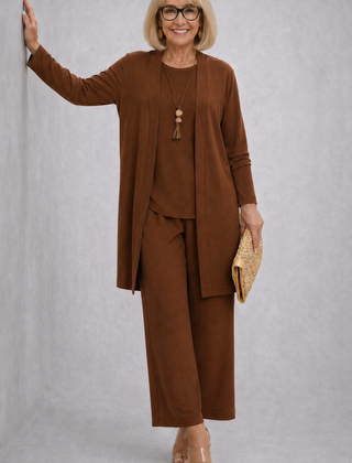 Brown elegant 3-piece set with long cardigan, shell top, and tapered trousers.