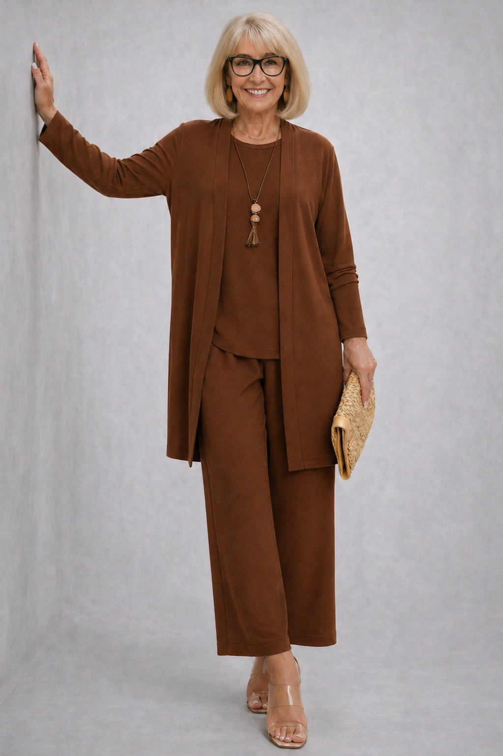 Brown elegant 3-piece set with long cardigan, shell top, and tapered trousers.