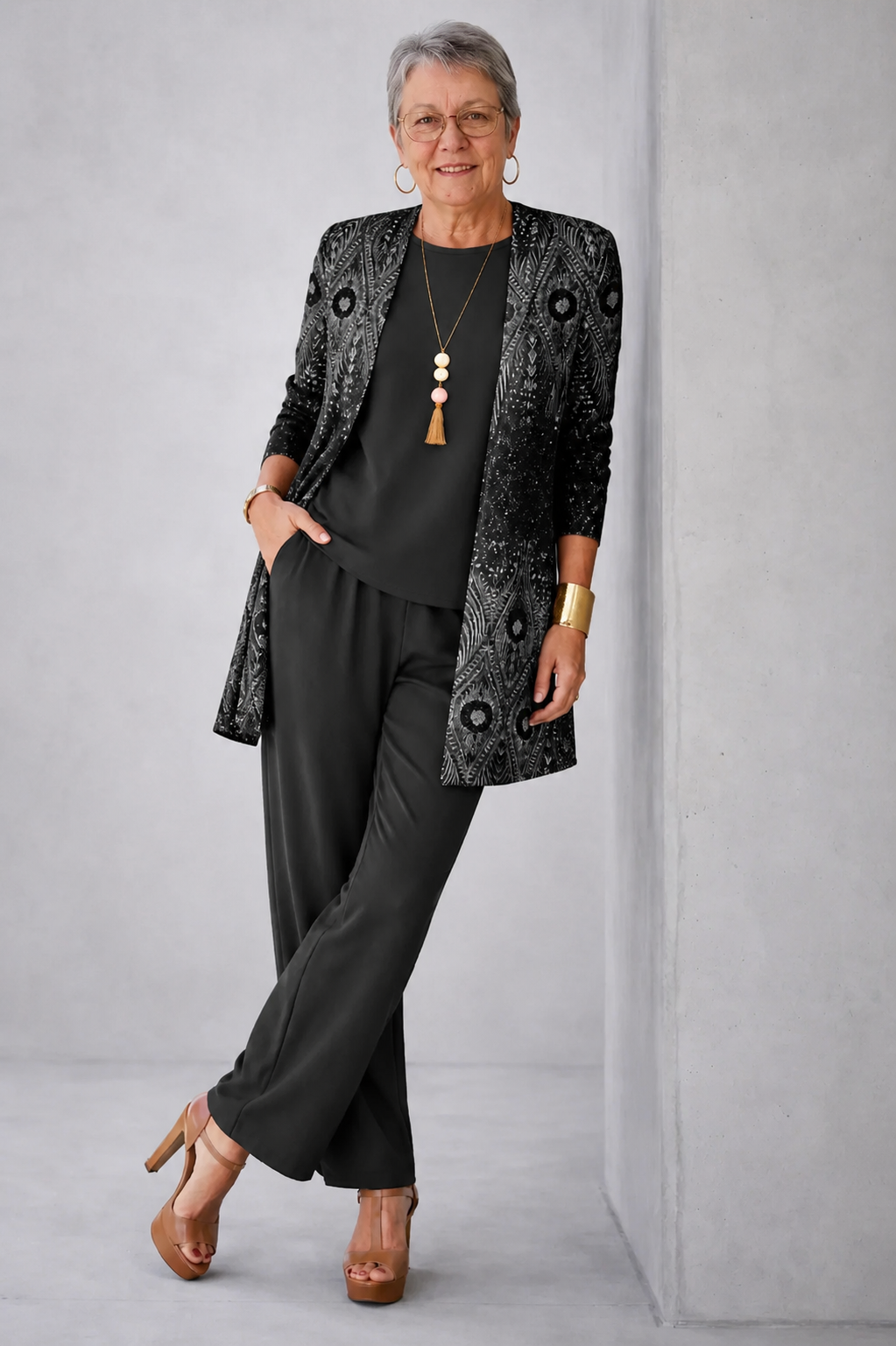Women's black 3-piece set with patterned jacket, draped top, and wide-leg pants