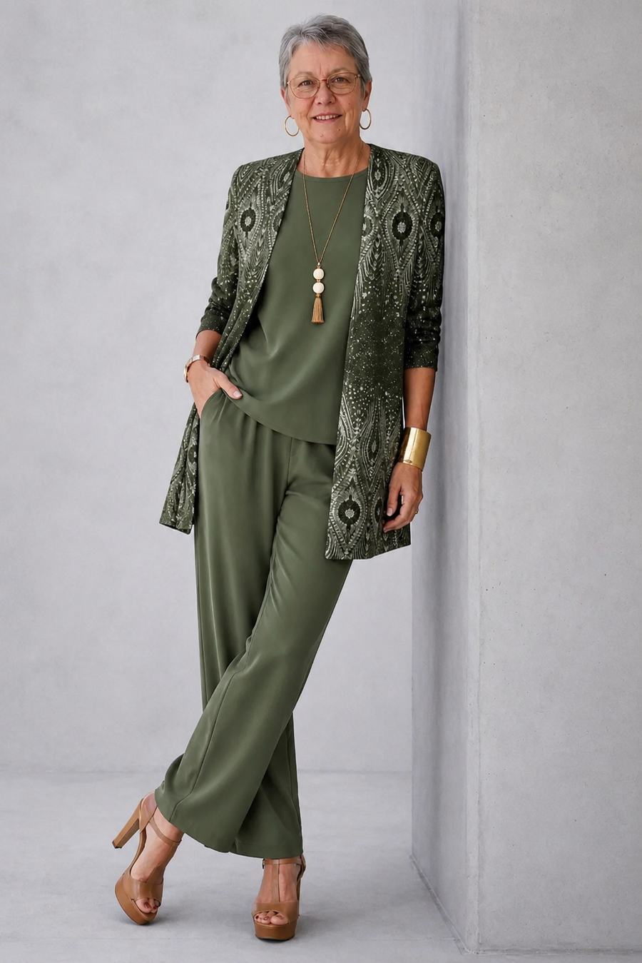 Green women's 3-piece set with patterned tunic, long open jacket, and matching pants