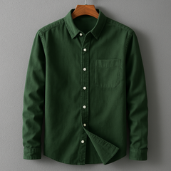 Green cotton-linen button-up shirt with point collar, chest pocket, and long sleeves