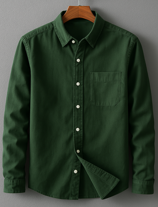 Green cotton-linen button-up shirt with point collar, chest pocket, and long sleeves