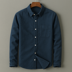 Navy cotton-linen button-up shirt with point collar, chest pocket, and long sleeves