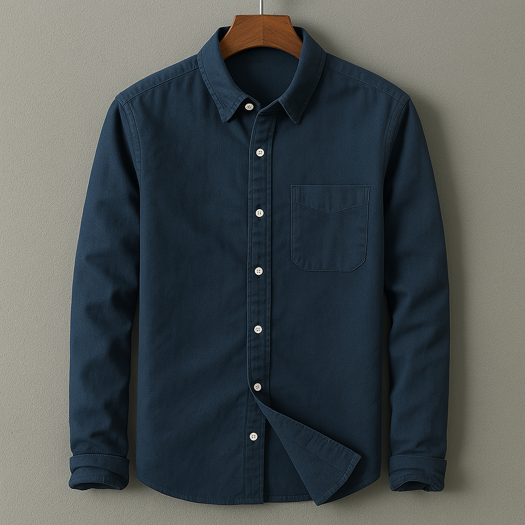 Navy cotton-linen button-up shirt with point collar, chest pocket, and long sleeves