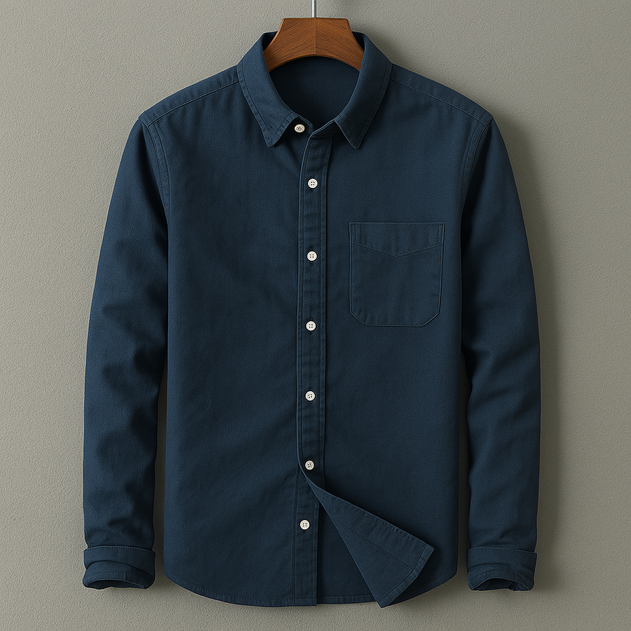 Navy cotton-linen button-up shirt with point collar, chest pocket, and long sleeves