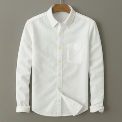White cotton-linen button-up shirt with point collar, chest pocket, and long sleeves