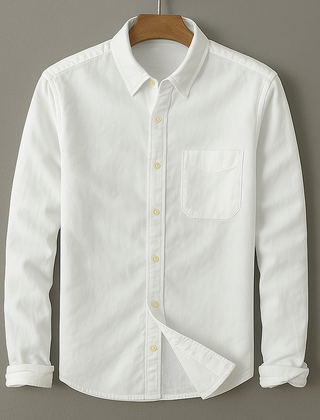 White cotton-linen button-up shirt with point collar, chest pocket, and long sleeves