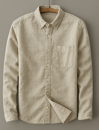 Khaki cotton-linen button-up shirt with point collar, chest pocket, and long sleeves