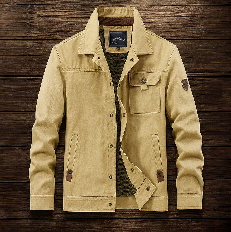 Beige utility jacket on wooden background, button front with flap pockets and hood lining