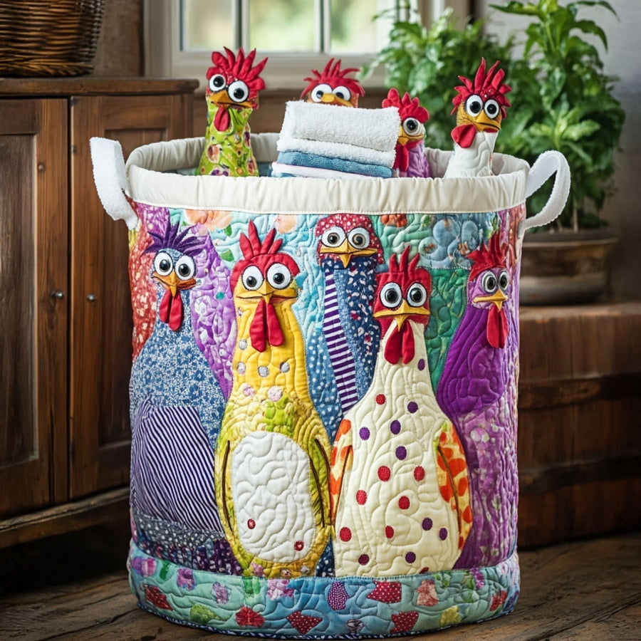 Cluck Couture quilted laundry basket with patchwork chicken appliques and fabric handles