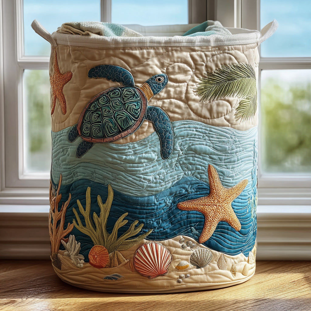 Fabric laundry basket with seaside appliques, starfish and sea turtle, round canvas bin