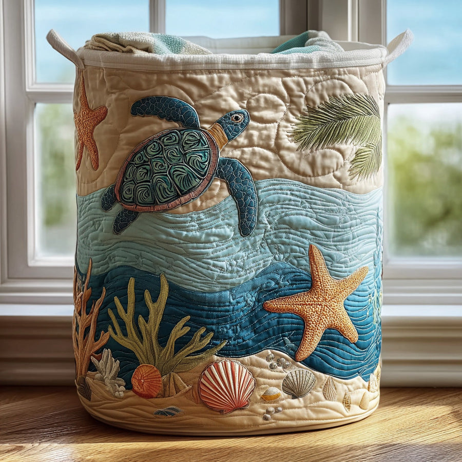 Fabric laundry basket with seaside appliques, starfish and sea turtle, round canvas bin