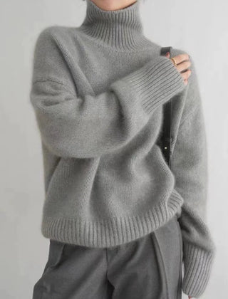 Grey soft knit high-neck jumper with ribbed cuffs and hem, crew-style collar