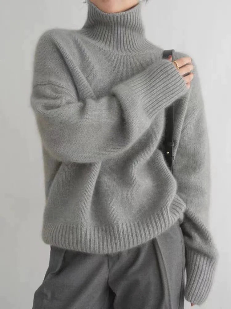 Grey soft knit high-neck jumper with ribbed cuffs and hem, crew-style collar