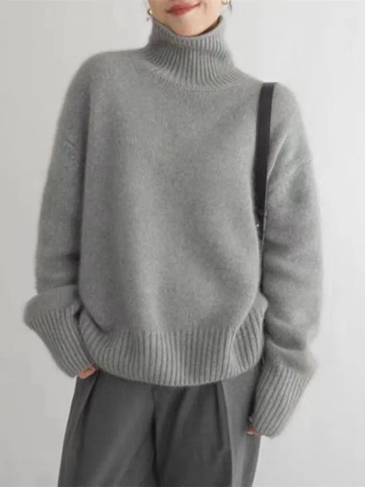 Grey soft knit high-neck jumper with ribbed neck and cuffs, relaxed fit