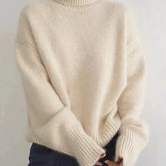 Beige soft knit high-neck jumper with ribbed cuffs, long sleeves, relaxed fit