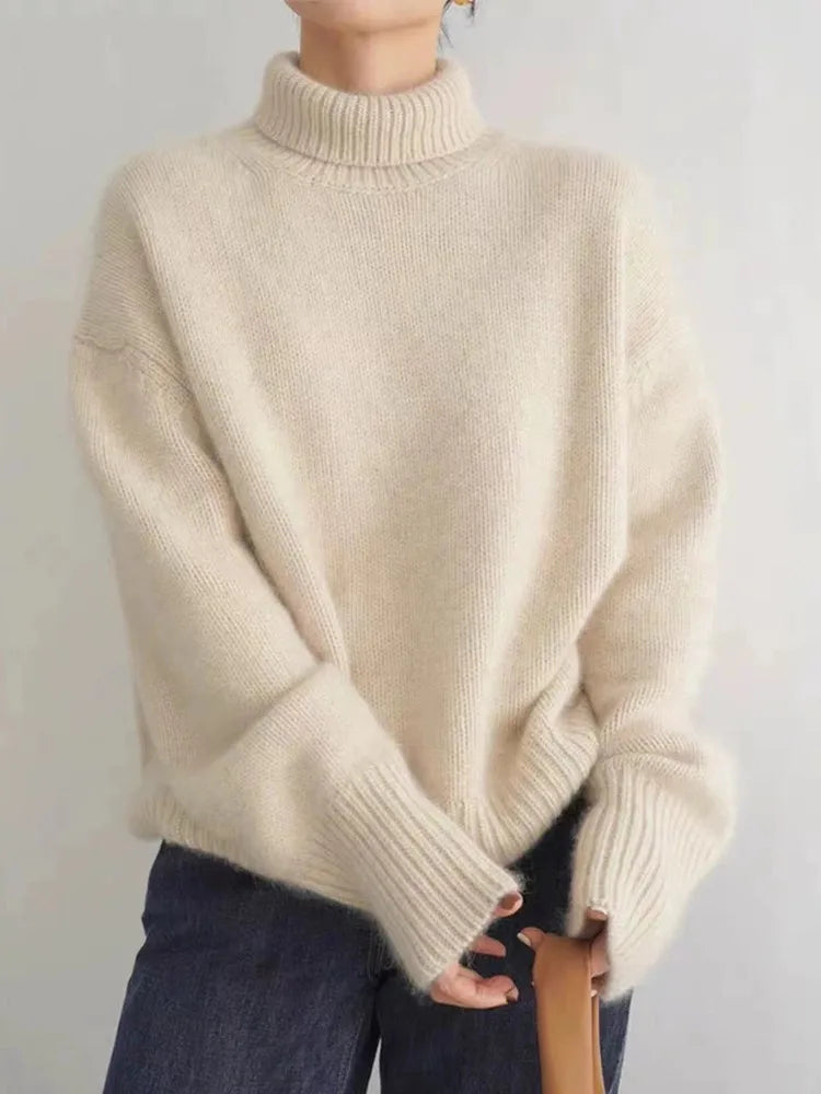 Beige soft knit high-neck jumper with ribbed cuffs, long sleeves, relaxed fit