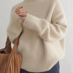 Beige soft knit high-neck jumper with ribbed cuffs and hem, relaxed fit