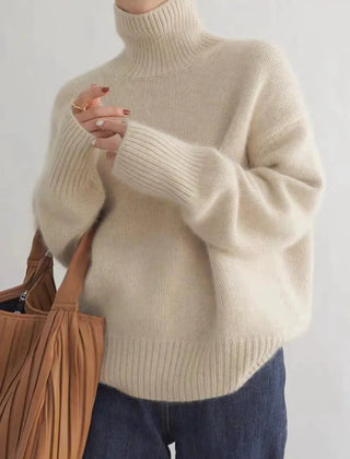 Beige soft knit high-neck jumper with ribbed cuffs and hem, relaxed fit