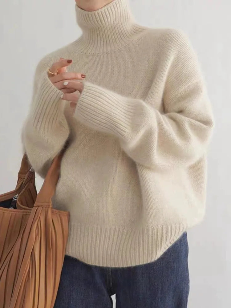 Beige soft knit high-neck jumper with ribbed cuffs and hem, relaxed fit
