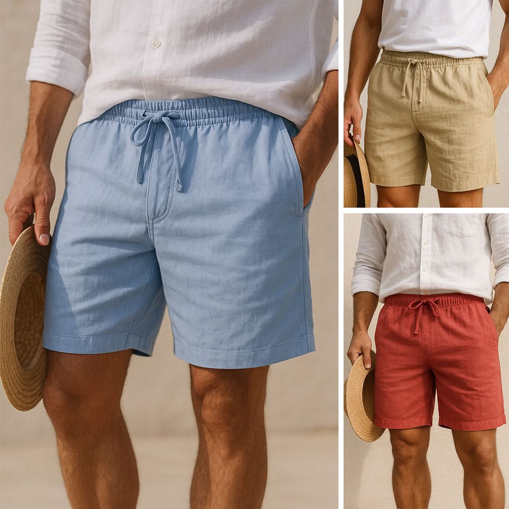 Set of summer shorts: blue, beige, and red, each with drawstring waist and side pockets