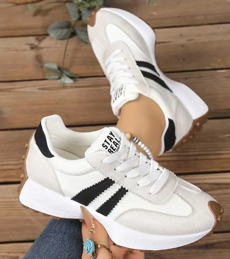 Sloane low-top comfort sneakers, white with gray suede and black side stripes