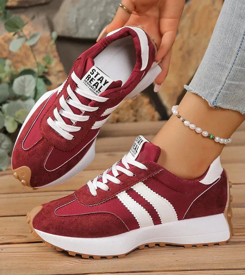Yvonne everyday comfort sneakers, burgundy with white laces, stripe, and white sole