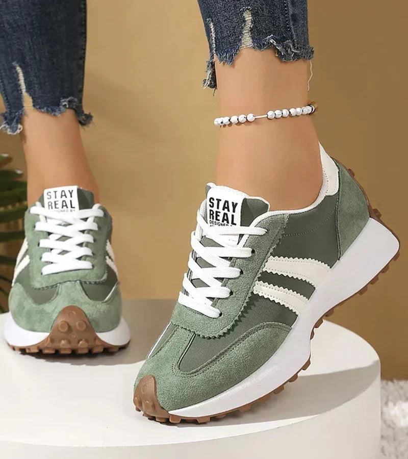 Simone everyday comfort sneakers, olive green suede with white stripes and laced front