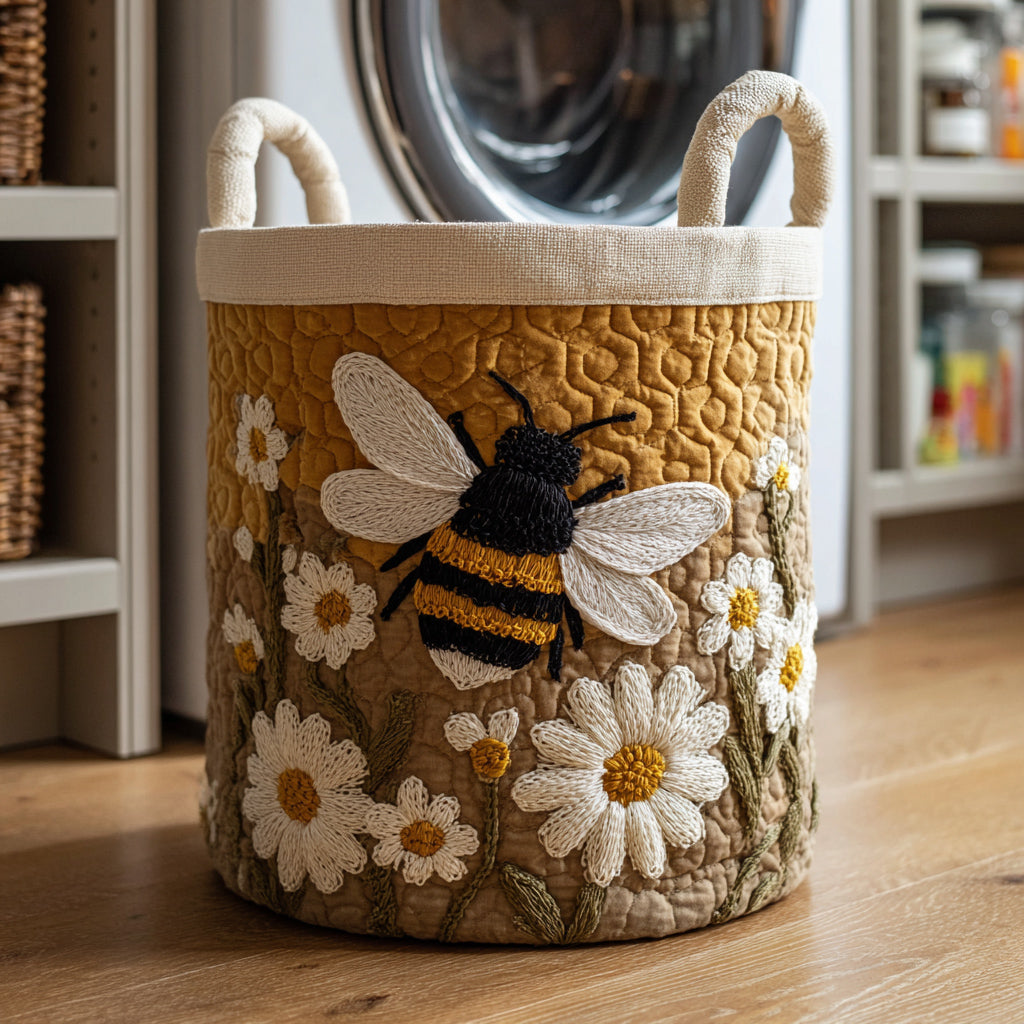 Quilted laundry basket with bee and daisy embroidery, beige handles