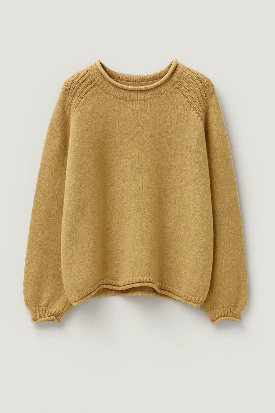 Camel round-neck knit jumper, relaxed fit, ribbed collar cuffs and hem