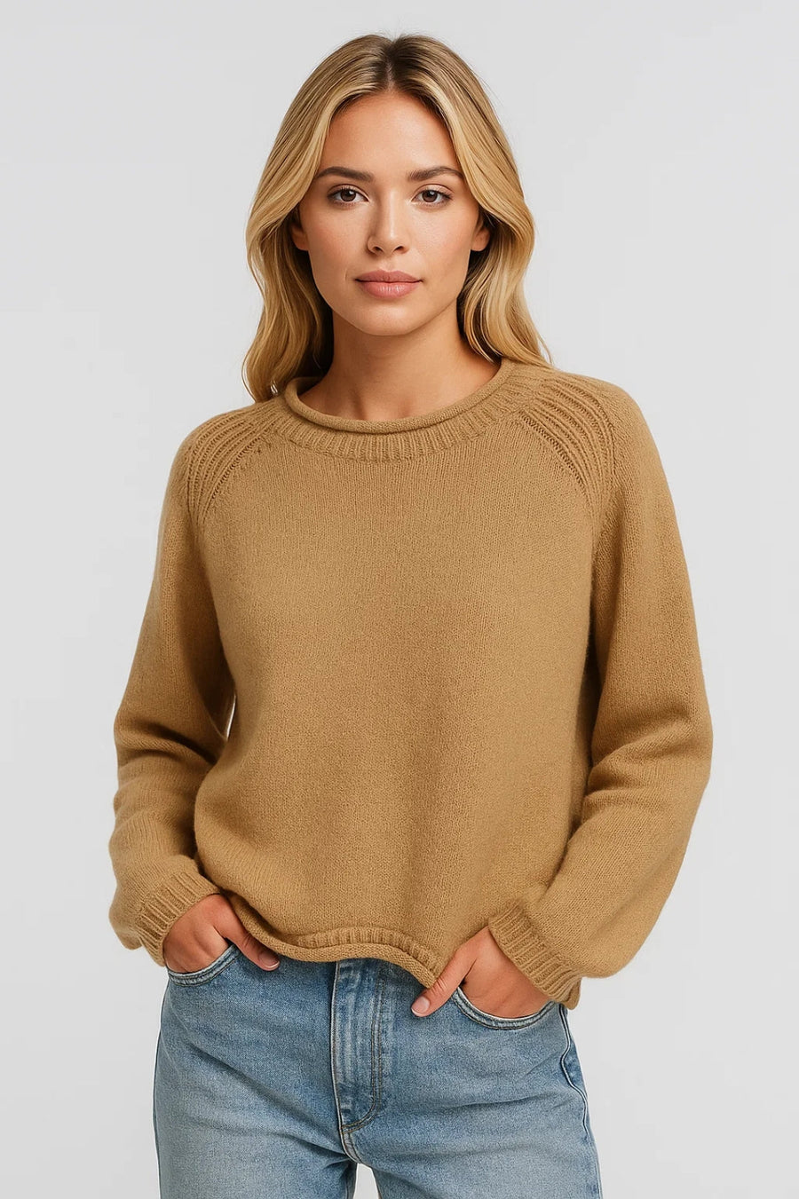 Camel round-neck knit jumper with shoulder seam detail and ribbed cuffs