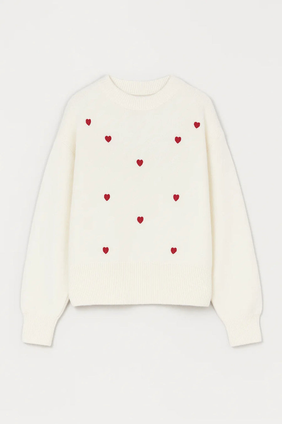 Romilly white jumper front, scattered red hearts pattern, ribbed crew neck