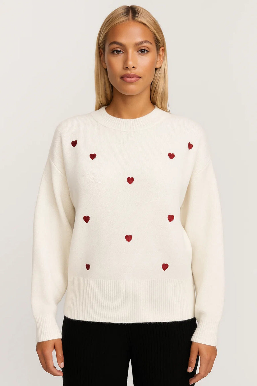Romilly white knit jumper with red heart pattern, crew neck and long sleeves