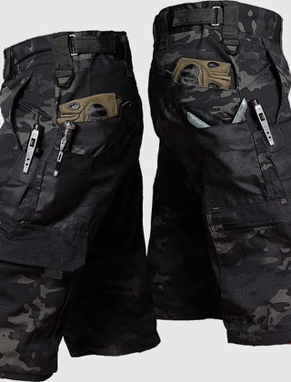 Black camo outdoor tactical shorts with cargo pockets, belt loops, and utility straps