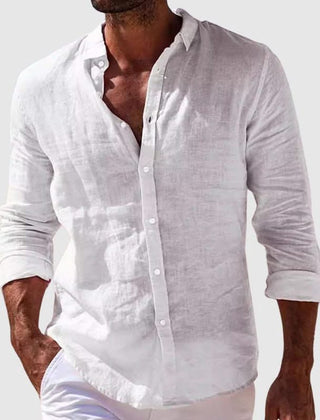 Riviera linen shirt in white, long-sleeve button-up with collar