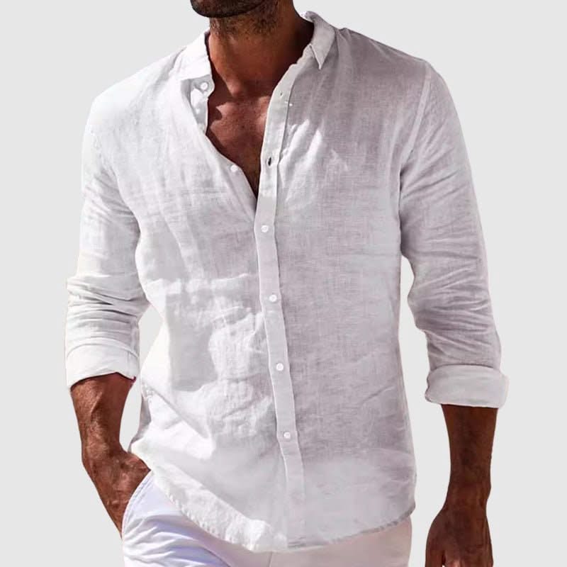Riviera linen shirt in white, long-sleeve button-up with collar