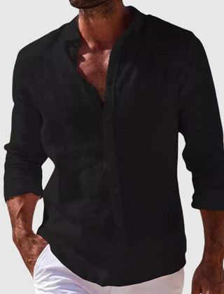 Riviera linen shirt in black, long-sleeve button-up with collar