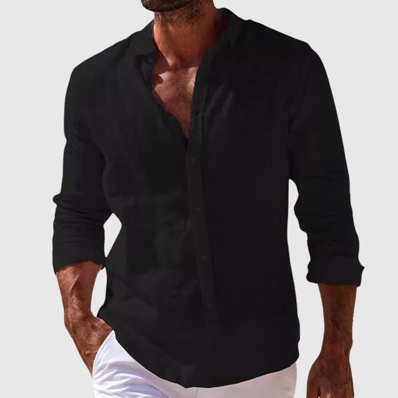 Riviera linen shirt in black, long-sleeve button-up with collar