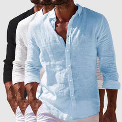 Riviera linen shirt in light blue, long-sleeve button-up with open neckline