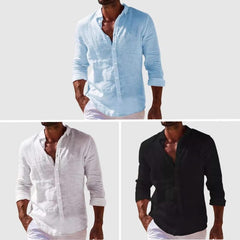 Riviera linen shirt views: light blue, white, and black long-sleeve button-ups
