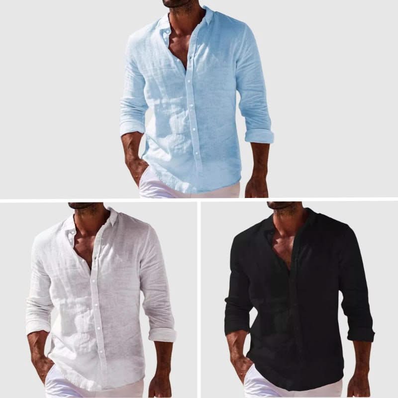 Riviera linen shirt views: light blue, white, and black long-sleeve button-ups