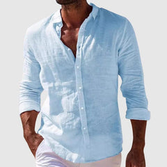 Riviera linen shirt in light blue, button-up collar and chest view